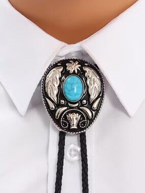 NWT Western FauxTurquoise Bolo Tie Black Braided Vegan Leather Cowboy Necktie